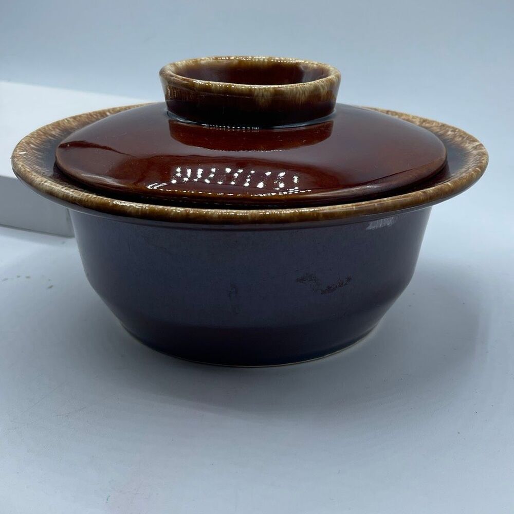 Hull Pottery brown drip glaze oven-proof stoneware with lid.